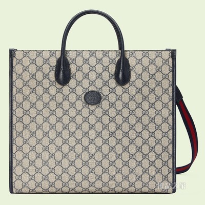互扣式双G中号托特包 米色和蓝色GG Supreme帆布