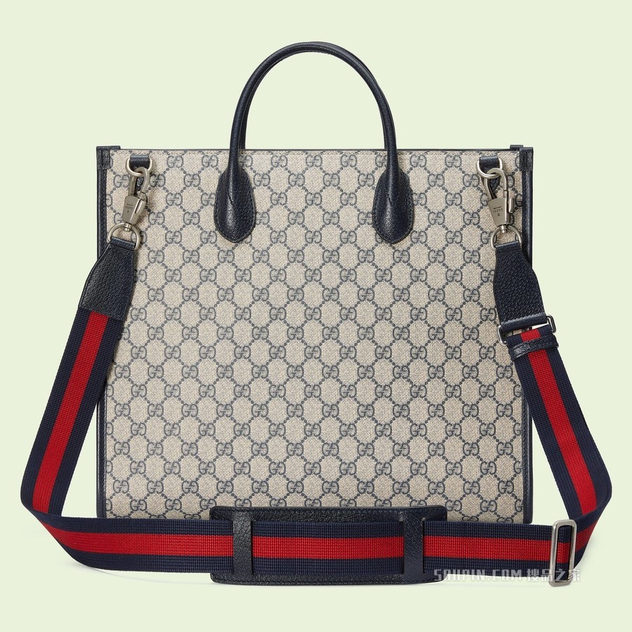 互扣式双G中号托特包 米色和蓝色GG Supreme帆布
