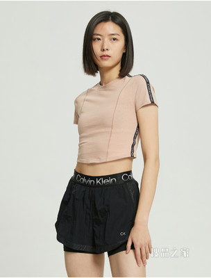 Calvin Klein 女士螺纹圆领紧身LOGO提花织带短T恤4WS2K171