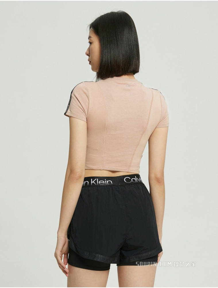 Calvin Klein 女士螺纹圆领紧身LOGO提花织带短T恤4WS2K171