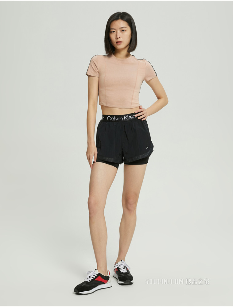 Calvin Klein 女士螺纹圆领紧身LOGO提花织带短T恤4WS2K171