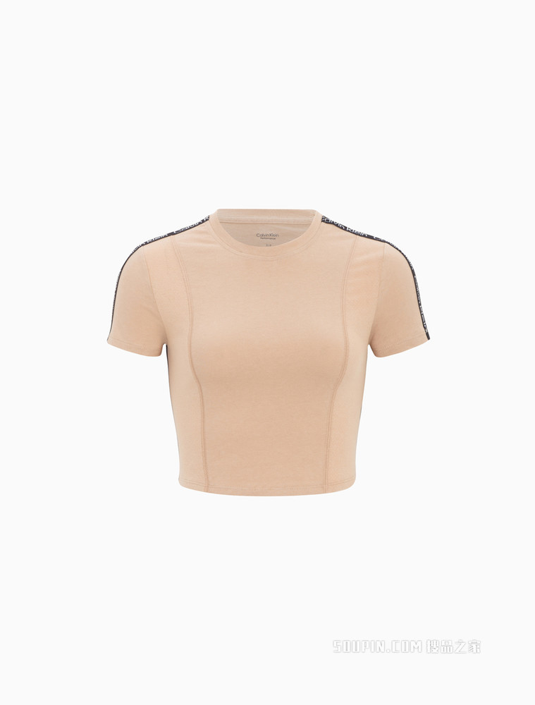Calvin Klein 女士螺纹圆领紧身LOGO提花织带短T恤4WS2K171