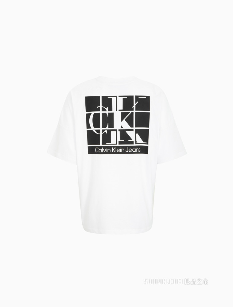 Calvin Klein 男女同款休闲潮流圆领切割图案印花短袖T恤J400212
