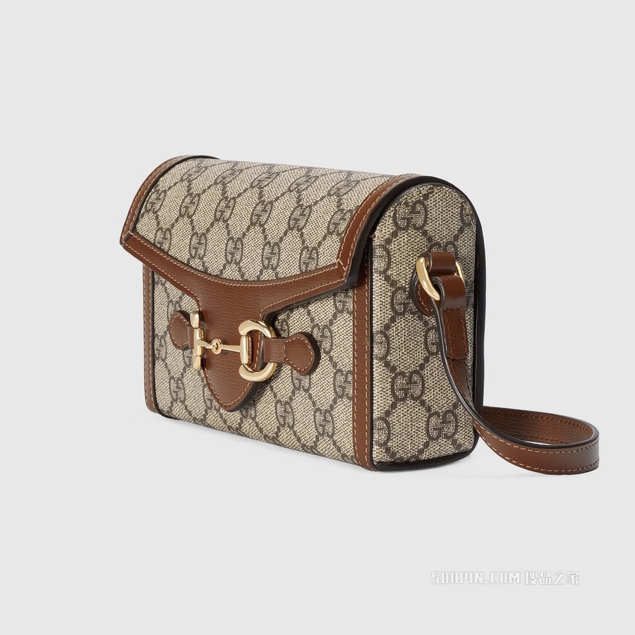 Gucci马衔扣1955系列迷你手袋 米色和乌木色GG Supreme帆布
