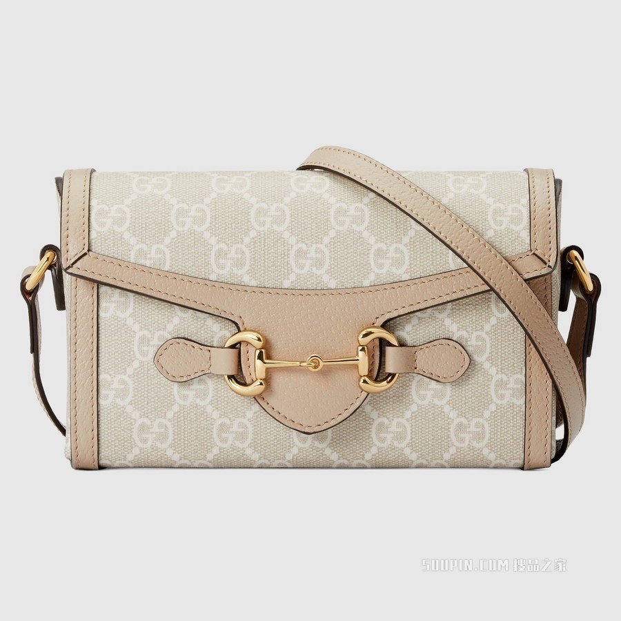 Gucci马衔扣1955系列迷你手袋 米色和白色GG Supreme帆布