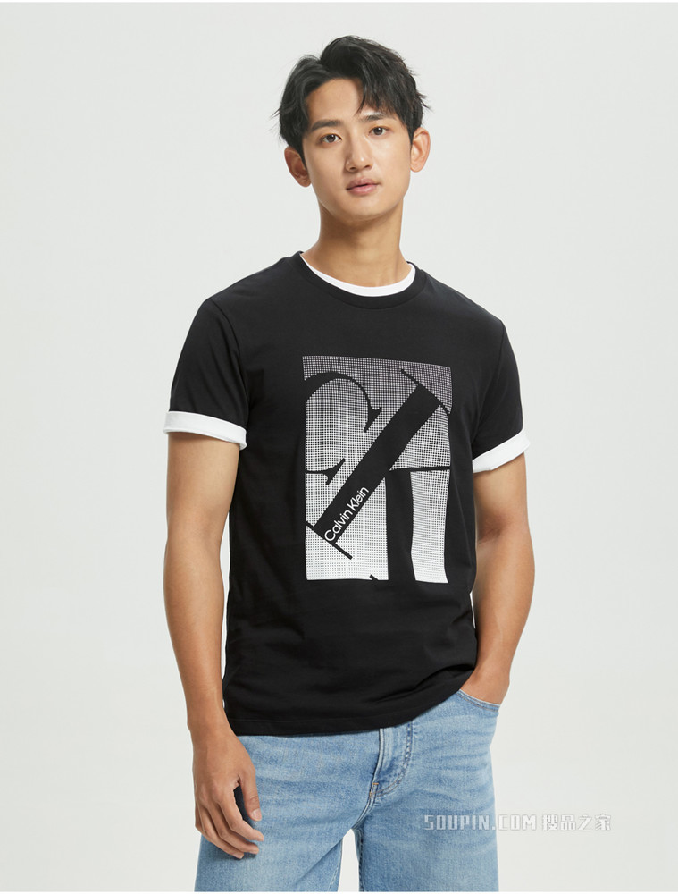 Calvin Klein 男士时尚圆领纯棉醒目LOGO短袖T恤40IC806