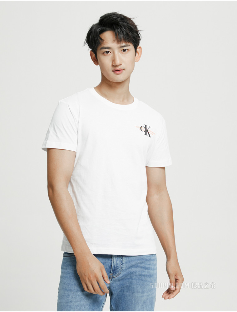 Calvin Klein 男士圆领纯棉撞色重叠LOGO短袖T恤ZM01924