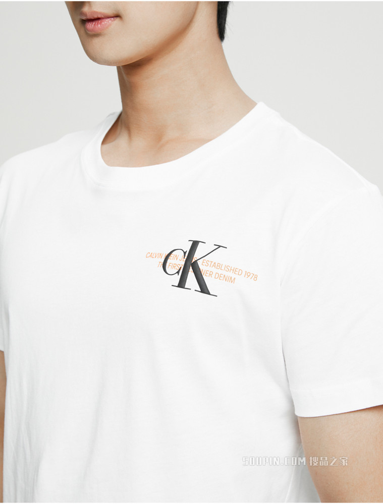 Calvin Klein 男士圆领纯棉撞色重叠LOGO短袖T恤ZM01924
