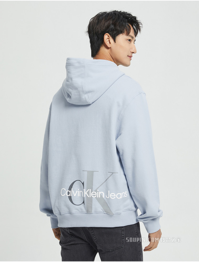 Calvin Klein 男士休闲棉质抽绳连帽交叠LOGO套头卫衣J319705