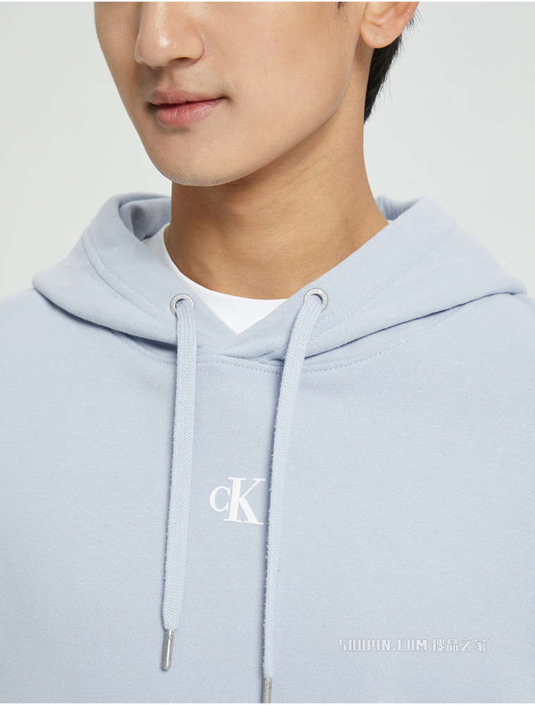 Calvin Klein 男士休闲棉质抽绳连帽交叠LOGO套头卫衣J319705