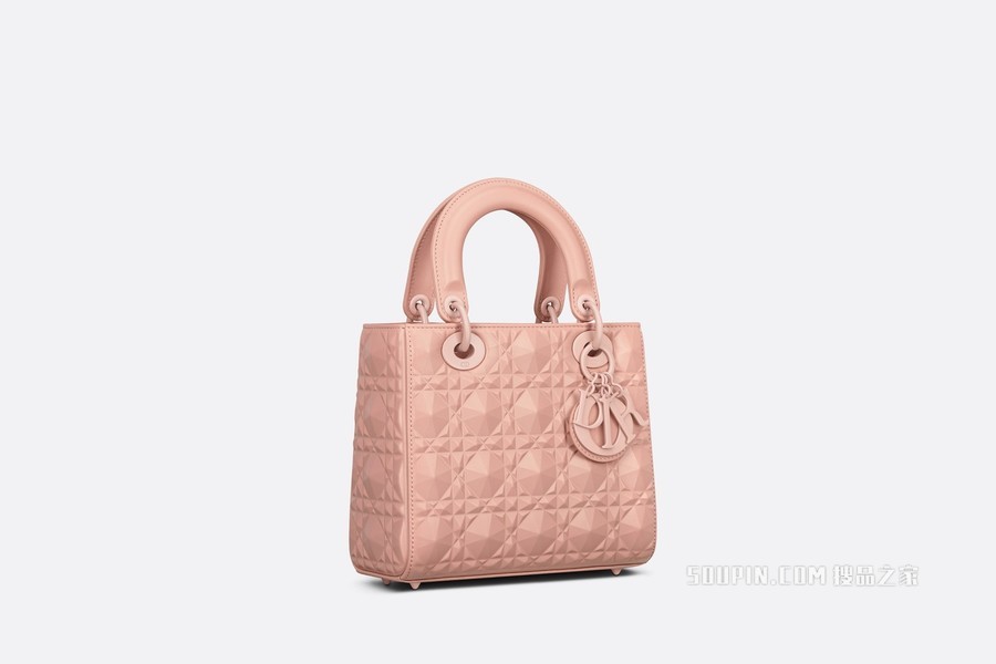 小号 Lady Dior My ABCDior 手袋 玫瑰粉色牛皮革钻石形图案藤格纹