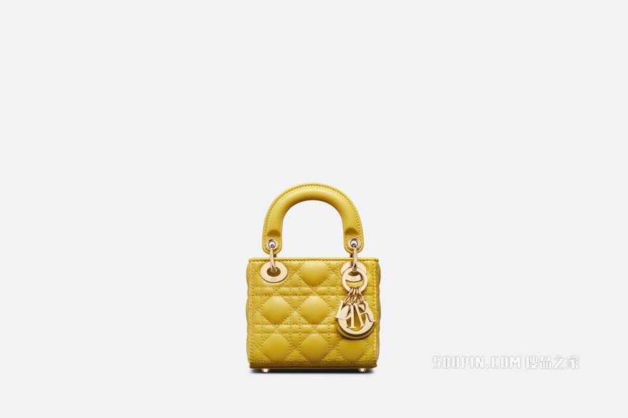 超迷你 Lady Dior 手袋 芥末黄色羊皮革藤格纹