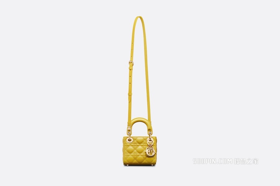 超迷你 Lady Dior 手袋 芥末黄色羊皮革藤格纹