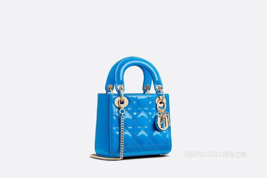 迷你 Lady Dior 手袋 湖蓝色漆皮牛皮革藤格纹