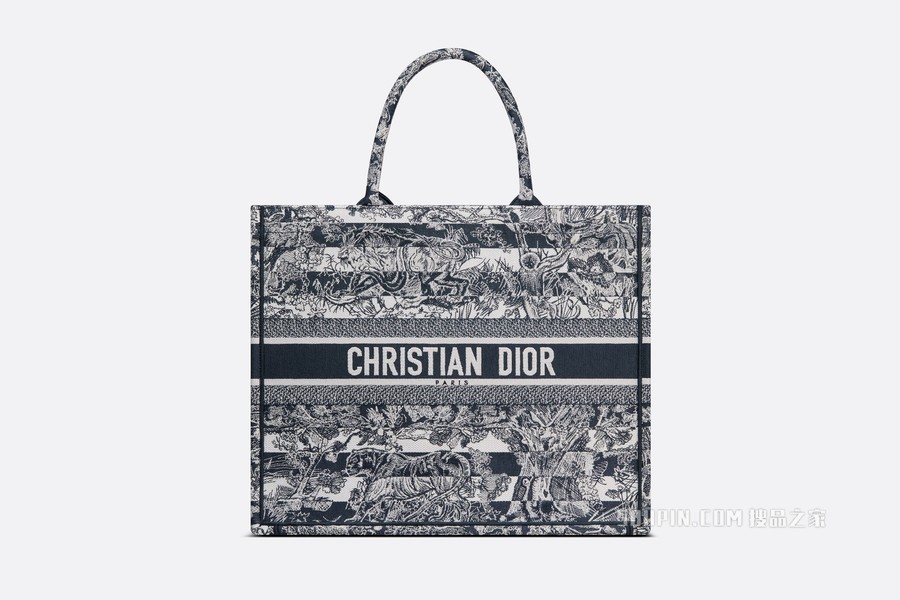 大号 Book Tote 手袋 海军蓝色条纹茹伊印花刺绣 (41.5 x 35 x 18 cm)