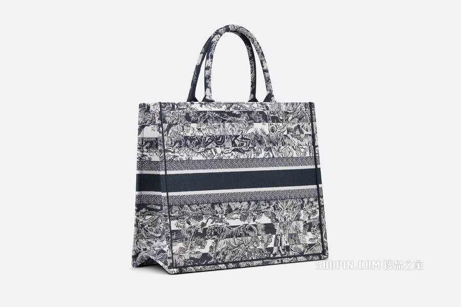 大号 Book Tote 手袋 海军蓝色条纹茹伊印花刺绣 (41.5 x 35 x 18 cm)