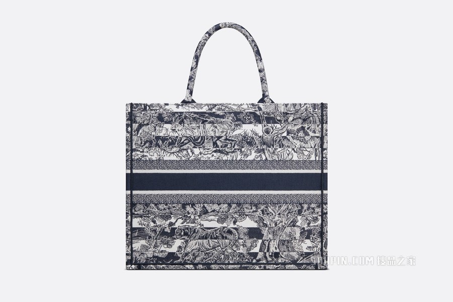大号 Book Tote 手袋 海军蓝色条纹茹伊印花刺绣 (41.5 x 35 x 18 cm)