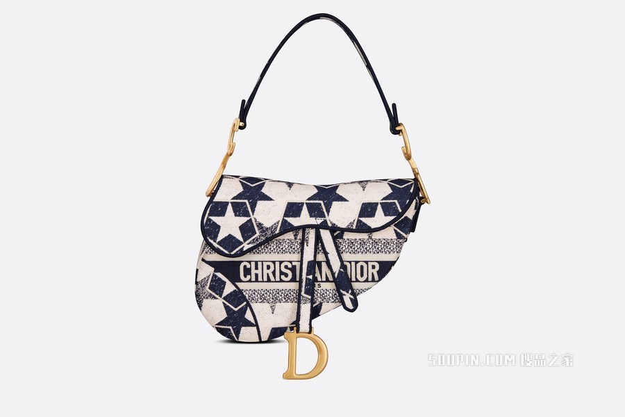 马鞍包 蓝色和白色 Dior Étoile 图案刺绣