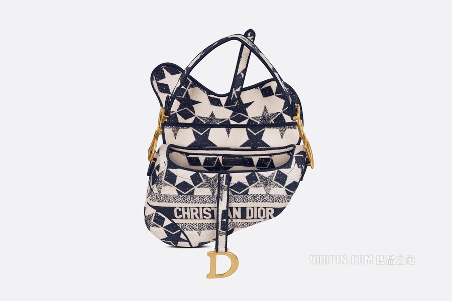 马鞍包 蓝色和白色 Dior Étoile 图案刺绣