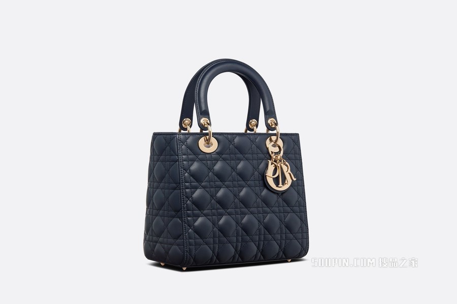 中号 Lady Dior 手袋 蓝色羊皮革藤格纹