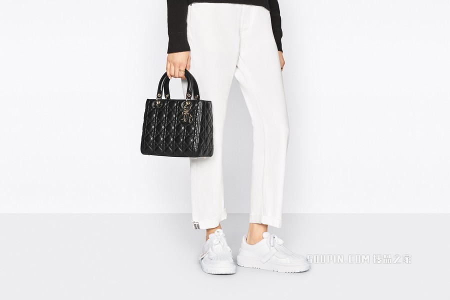 中号 Lady Dior 手袋 蓝色羊皮革藤格纹