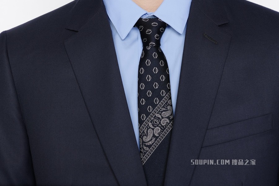 领带 海军蓝色桑蚕丝白色饰巾图案