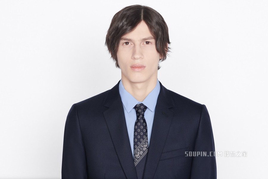 领带 海军蓝色桑蚕丝白色饰巾图案