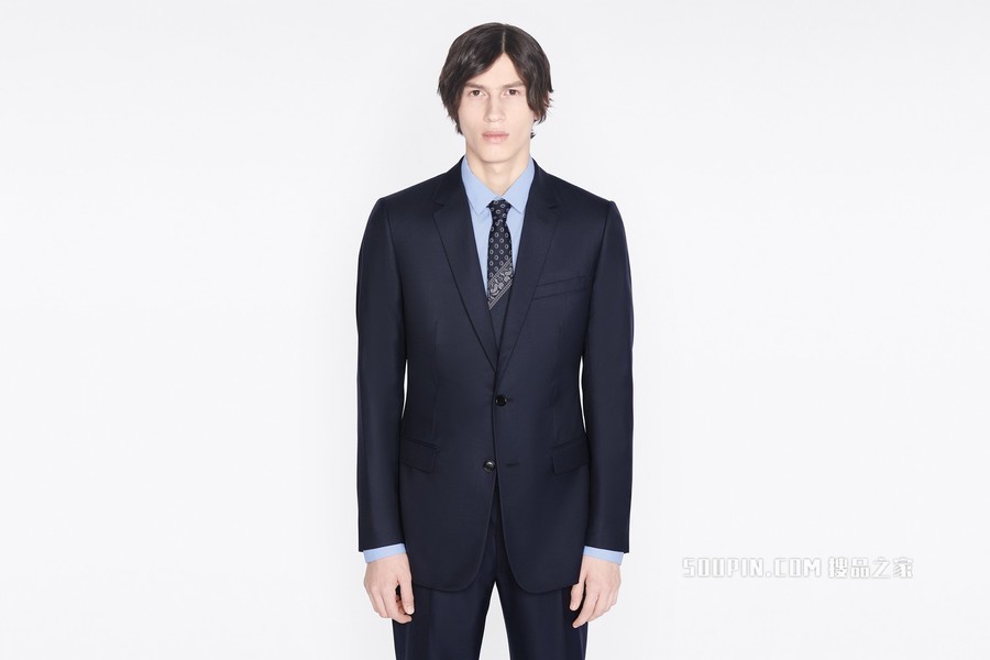 领带 海军蓝色桑蚕丝白色饰巾图案