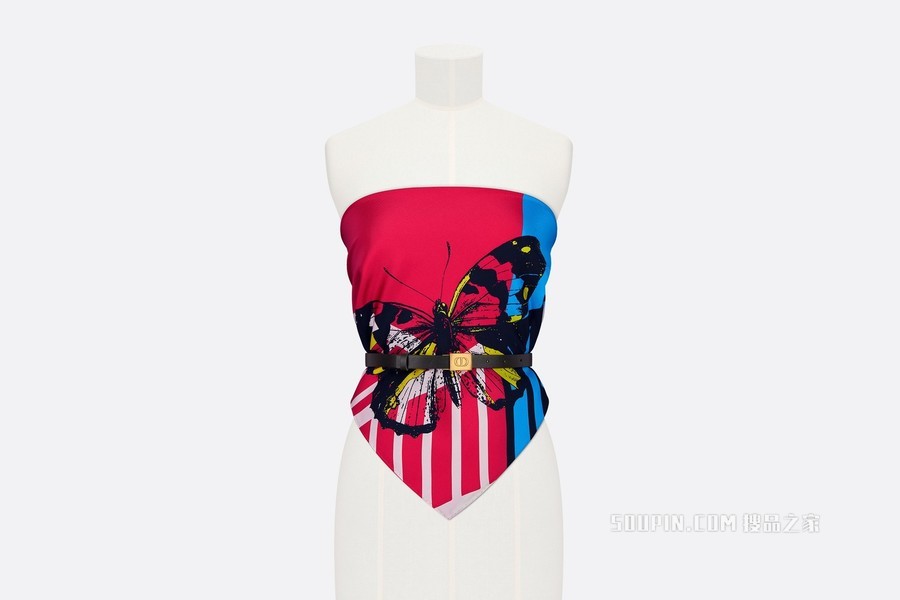 Dior 印花上衣 亮粉色和荧光蓝色桑蚕丝斜纹面料和黑色光滑牛皮革 D-Jungle Pop 印花