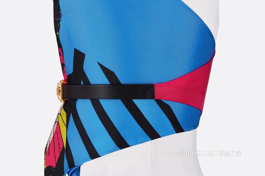 Dior 印花上衣 亮粉色和荧光蓝色桑蚕丝斜纹面料和黑色光滑牛皮革 D-Jungle Pop 印花