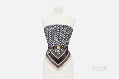 Dior 印花上衣 海军蓝色桑蚕丝斜纹面料和黑色光滑牛皮革 Oblique 印花