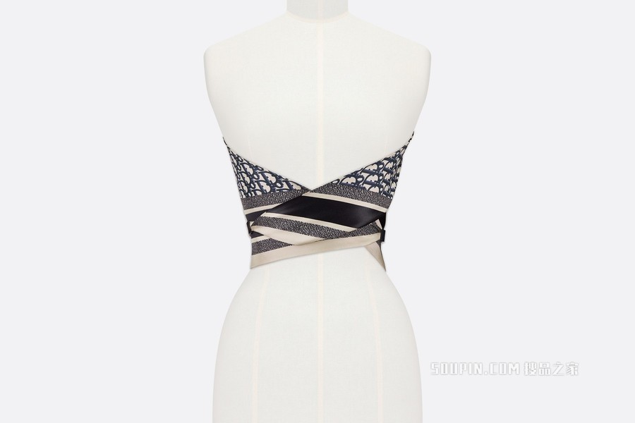 Dior 印花上衣 海军蓝色桑蚕丝斜纹面料和黑色光滑牛皮革 Oblique 印花