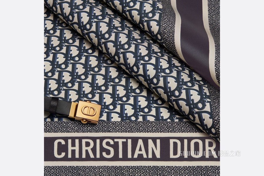 Dior 印花上衣 海军蓝色桑蚕丝斜纹面料和黑色光滑牛皮革 Oblique 印花