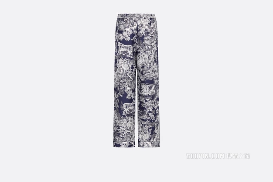 Dior Chez Moi 长裤 海军蓝色桑蚕丝斜纹面料 Reverse 茹伊印花
