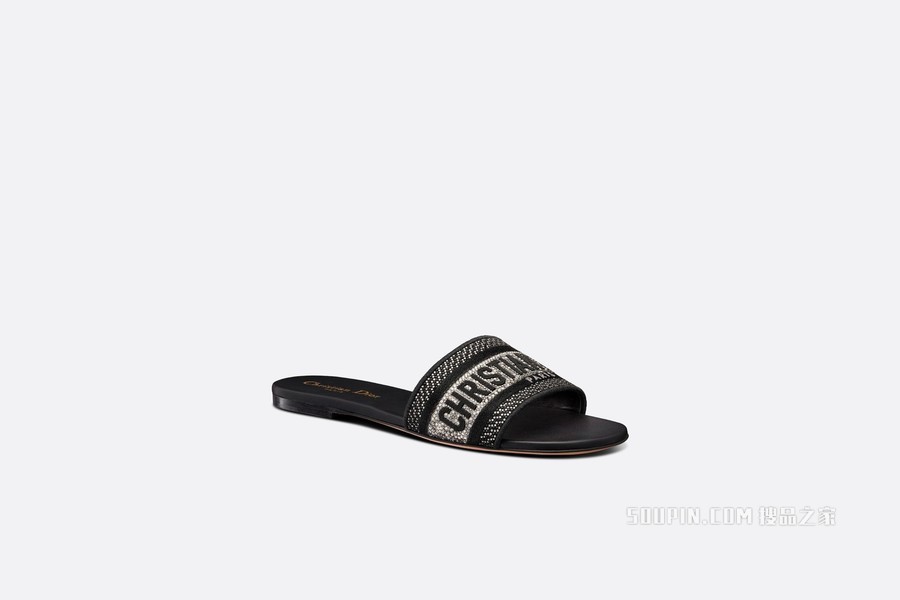 Dway 棉质凉拖 黑色棉质金属光泽线刺绣和银色调仿水晶