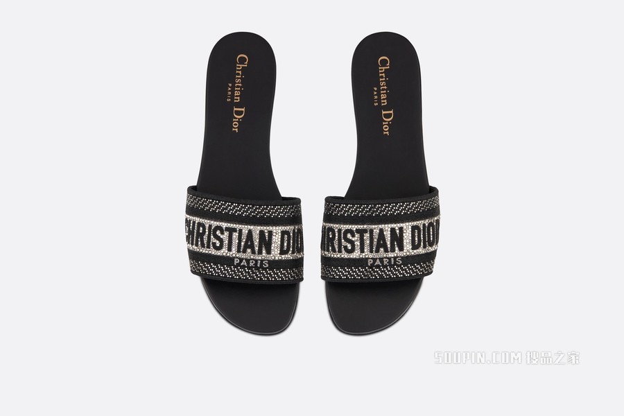 Dway 棉质凉拖 黑色棉质金属光泽线刺绣和银色调仿水晶