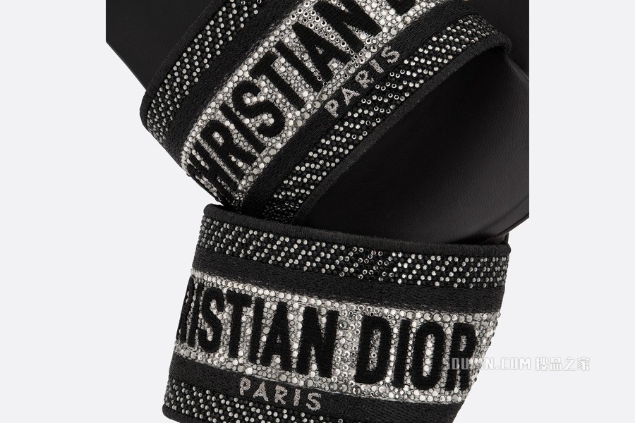 Dway 棉质凉拖 黑色棉质金属光泽线刺绣和银色调仿水晶