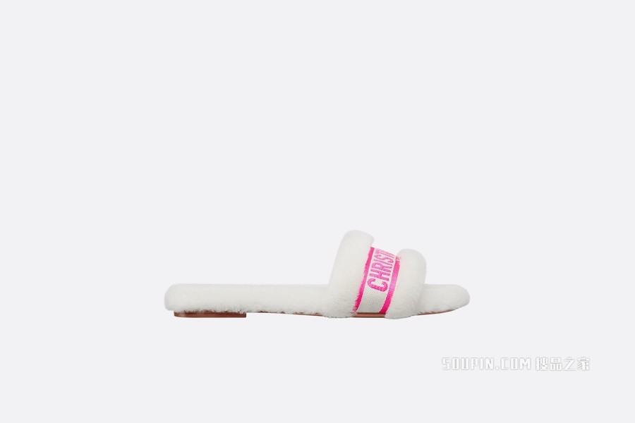 Dior Chez Moi 凉拖 亮粉色棉质刺绣搭配白色皮毛一体
