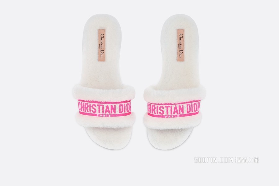 Dior Chez Moi 凉拖 亮粉色棉质刺绣搭配白色皮毛一体