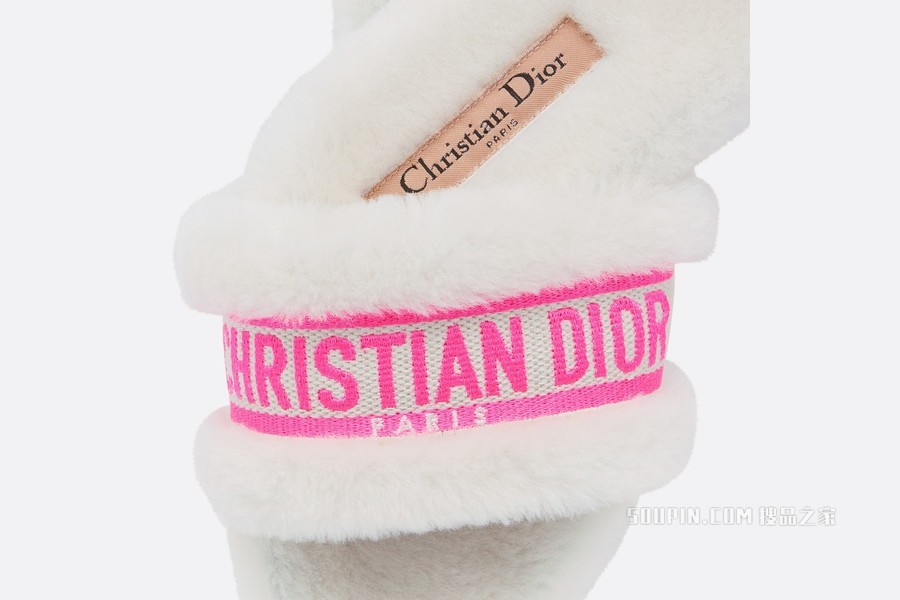 Dior Chez Moi 凉拖 亮粉色棉质刺绣搭配白色皮毛一体