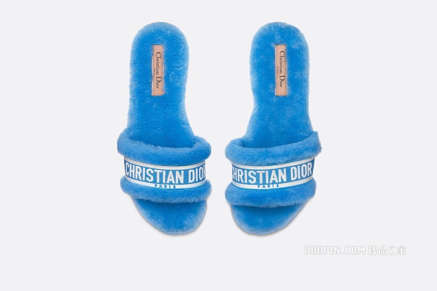 Dior Chez Moi 凉拖 湖蓝色棉质刺绣和皮毛一体