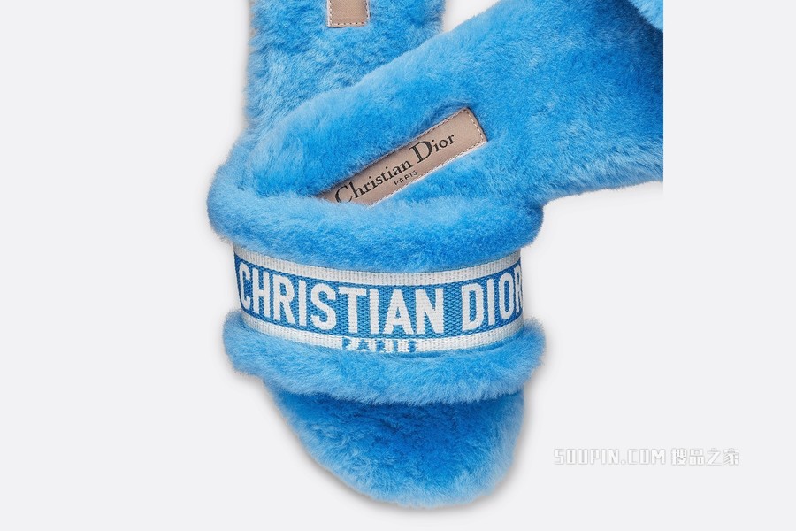 Dior Chez Moi 凉拖 湖蓝色棉质刺绣和皮毛一体