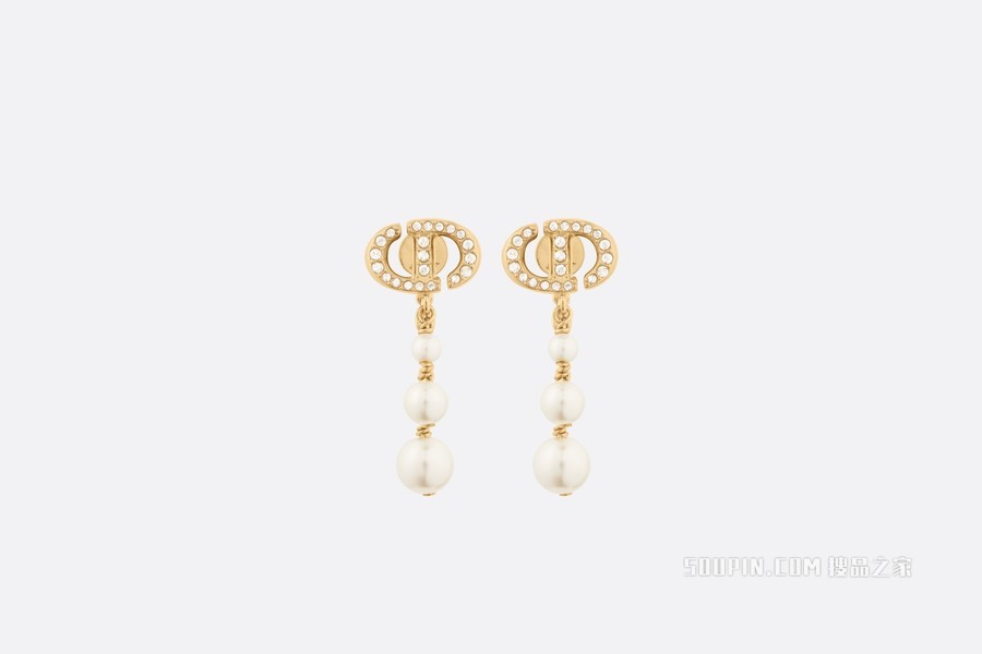 CD Navy 耳环 金色饰面金属、白色树脂珠饰和白色仿水晶装饰