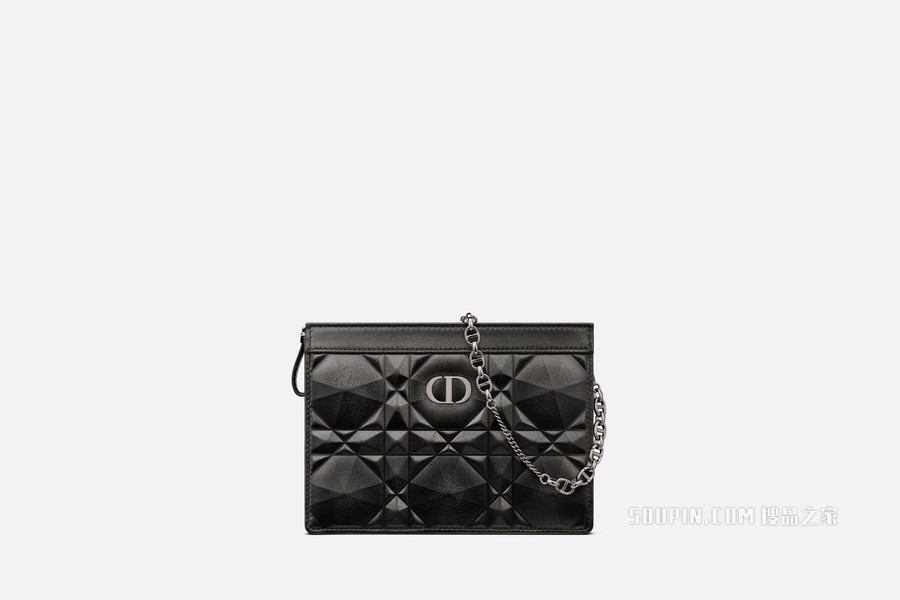 细长款 Dior Caro 链条手袋 黑色牛皮革超大钻石形图案藤格纹