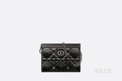 细长款 Dior Caro 链条手袋 黑色牛皮革超大钻石形图案藤格纹