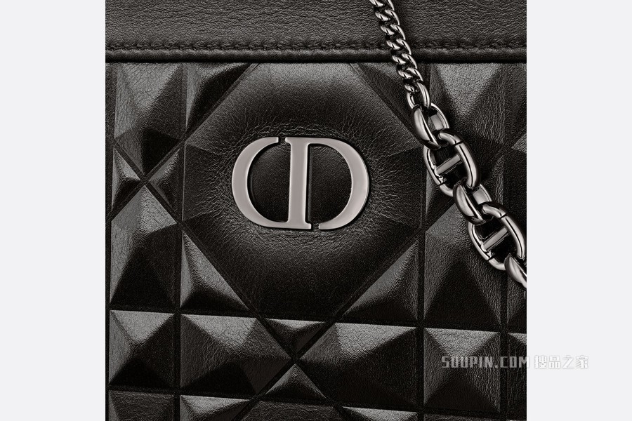 细长款 Dior Caro 链条手袋 黑色牛皮革超大钻石形图案藤格纹
