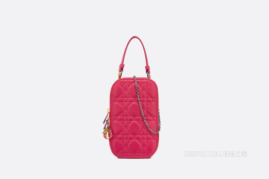 Lady Dior 手机袋 亮粉色羊皮革藤格纹