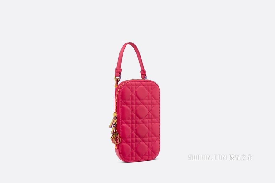 Lady Dior 手机袋 亮粉色羊皮革藤格纹