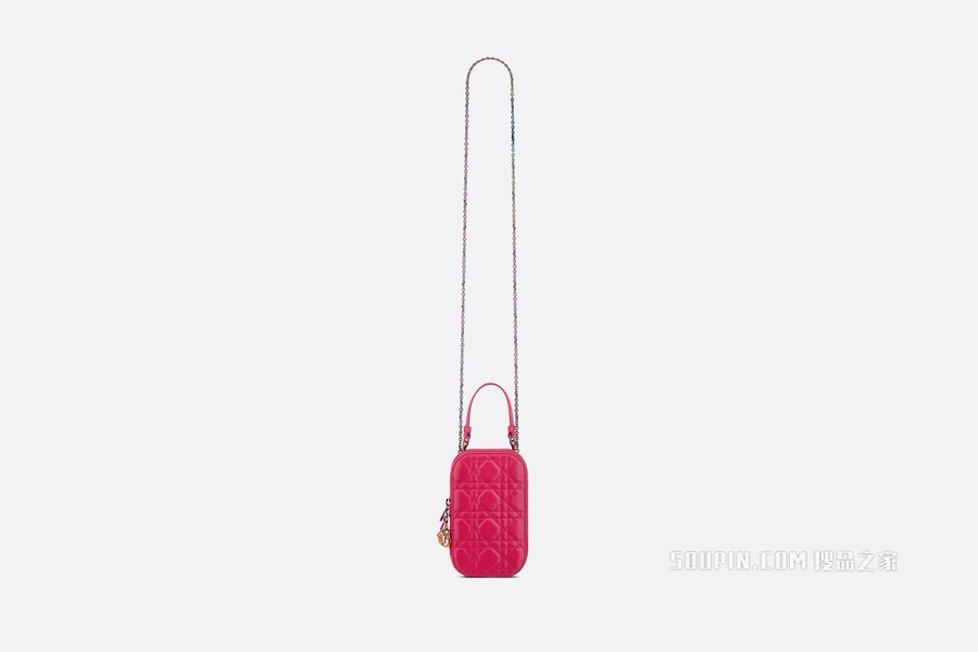 Lady Dior 手机袋 亮粉色羊皮革藤格纹