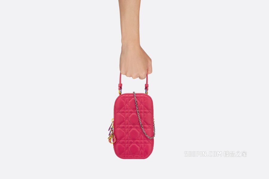Lady Dior 手机袋 亮粉色羊皮革藤格纹